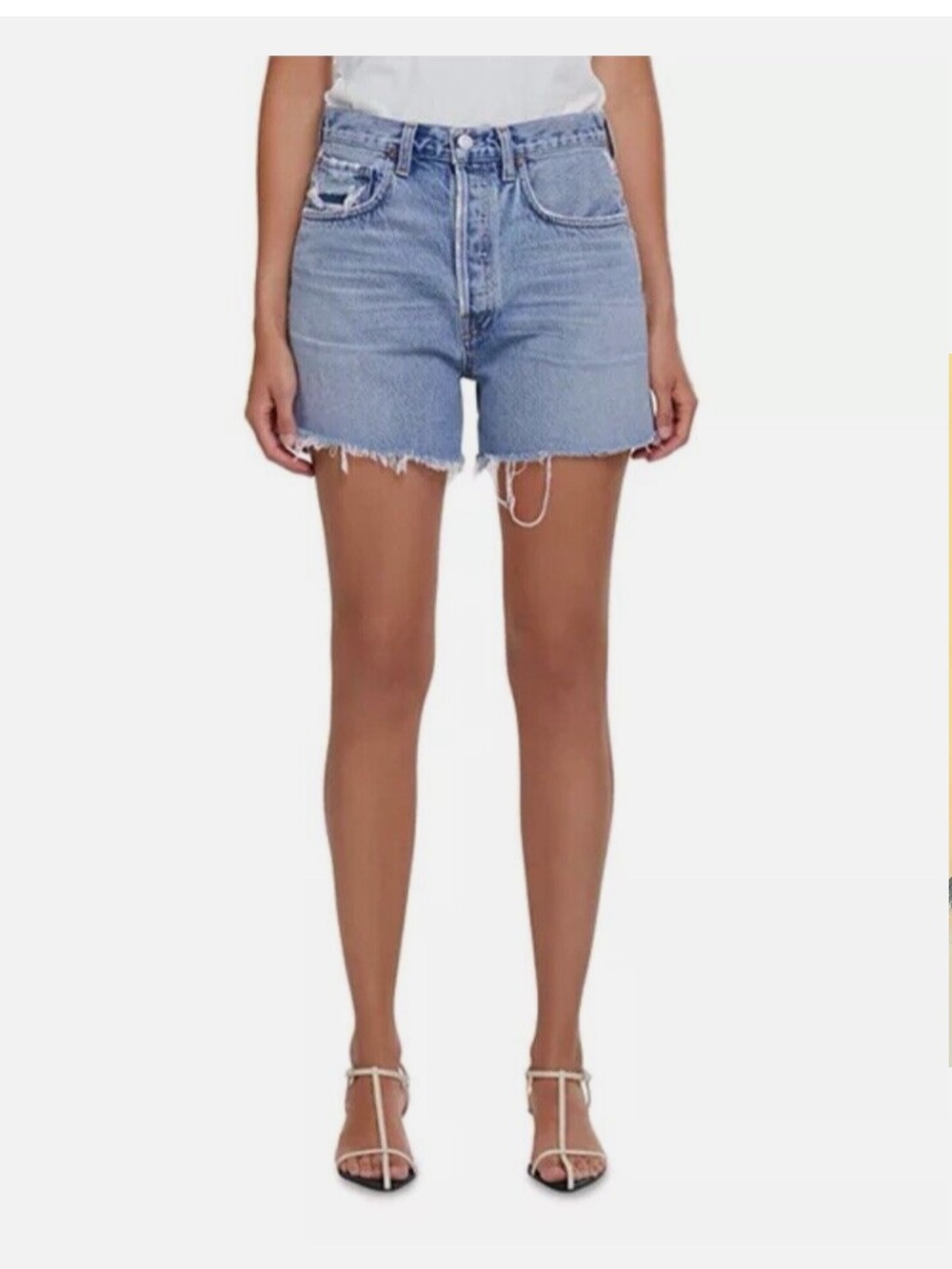 Agolde Light Blue High-Rise Distressed Riley Denim Shorts